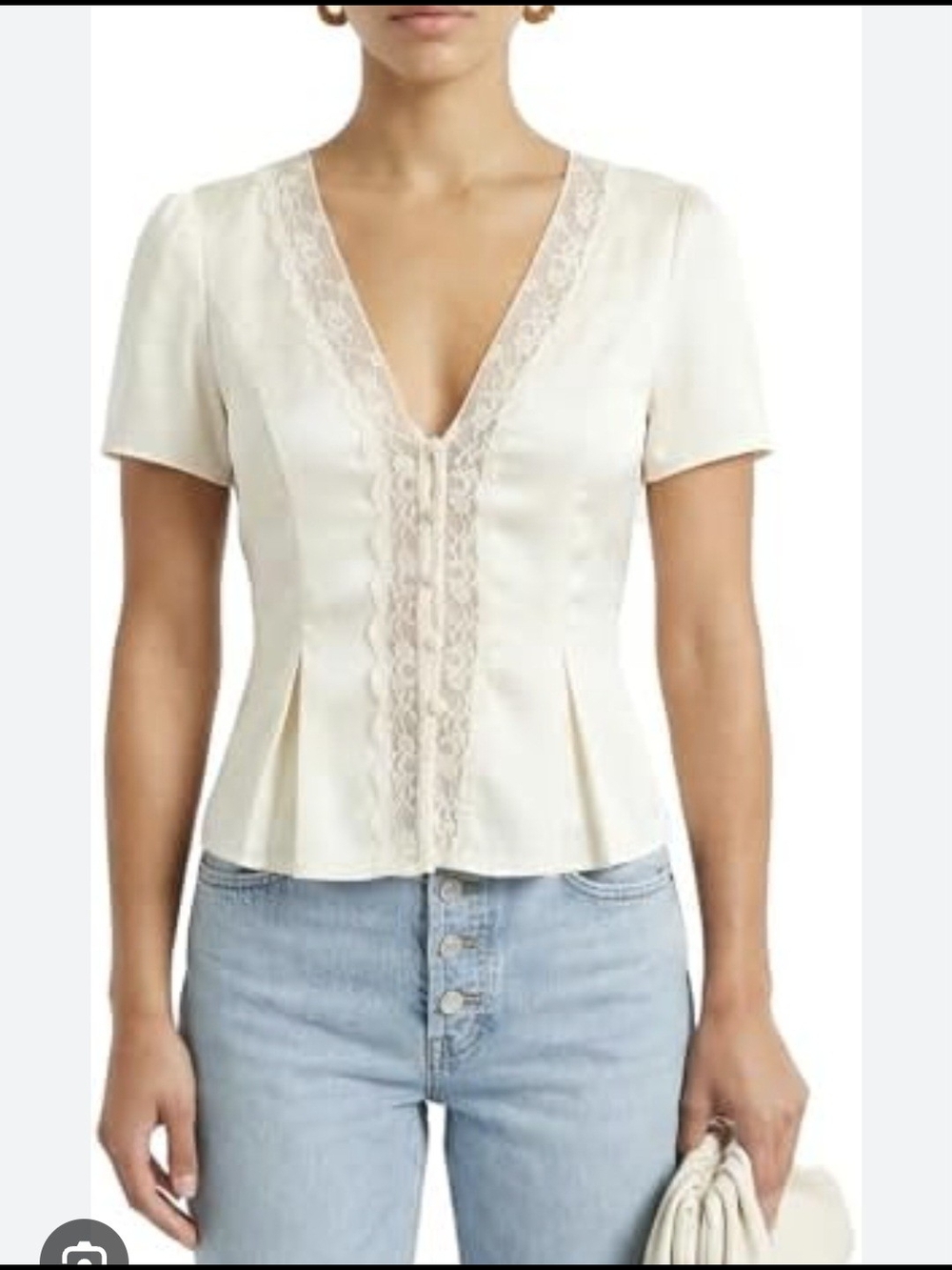 Ivory Satin Lace Trim Button-Front Blouse - Picture 7 of 7